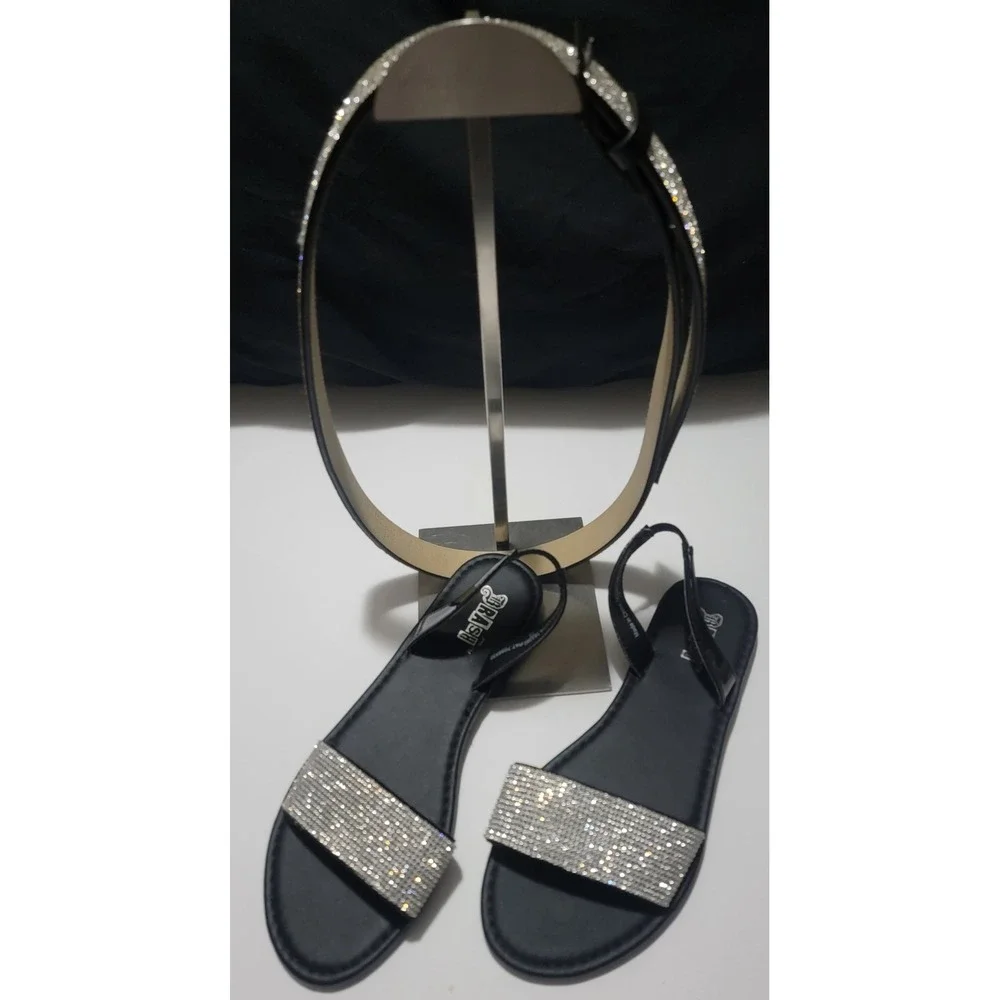 Brash Black Rhinestone Slingback Flat‎ Sandals and Matching Belt Set Sz 8 L Belt
